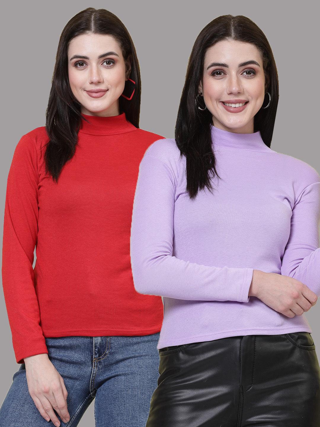 Red and mauve solid high neck regular tops, full sleeves, pack of 2.