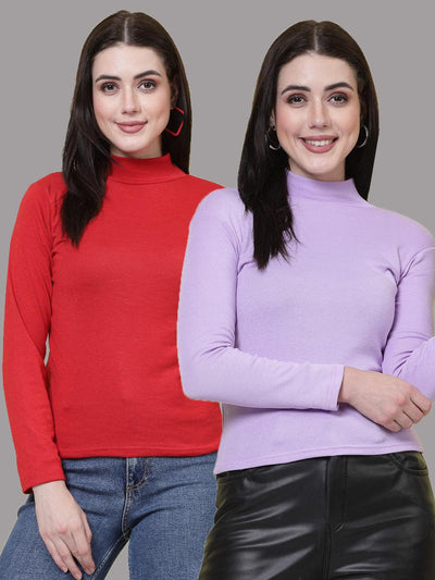 Red and mauve solid high neck regular tops, full sleeves, pack of 2.