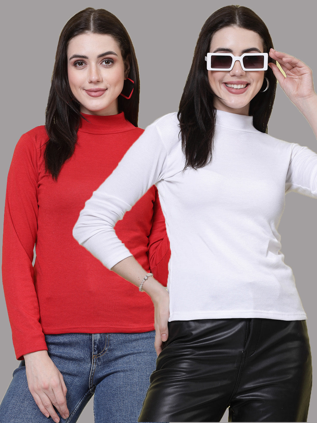 Women Red & White Solid High Neck Regular Top (Pack of 2)