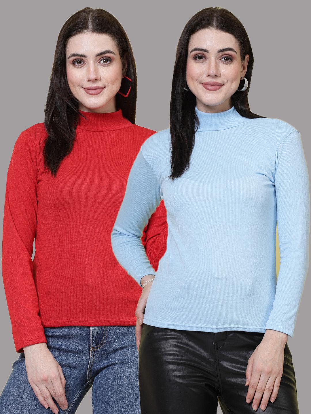 Women Red & Sky Blue Solid High Neck Regular Top (Pack of 2)