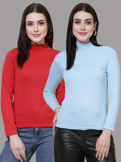 Red and sky blue solid high neck regular tops pack with full sleeves for casual wear.