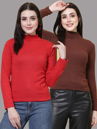 Women Red & Brown Solid High Neck Regular Top (Pack of 2)