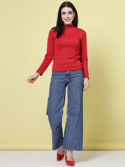 Red & Brown Solid High Neck Regular Tops, full sleeves, casual wear, pack of 2.
