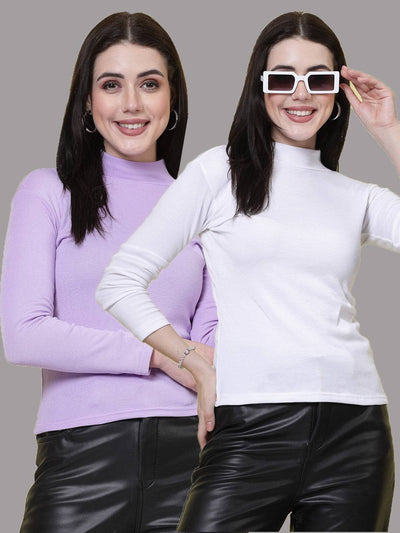 Women Mauve & White Solid High Neck Regular Top (Pack of 2)