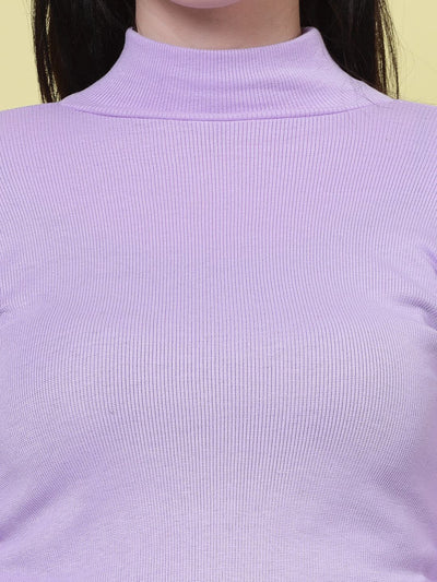 Mauve solid high neck regular top with full sleeves, casual wear.
