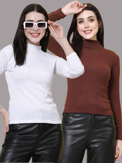 White and brown solid high neck regular tops pack of 2, casual wear with full sleeves.