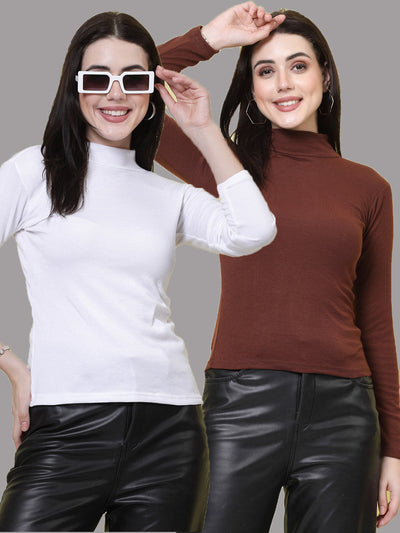 Women White & Brown Solid High Neck Regular Top (Pack of 2)