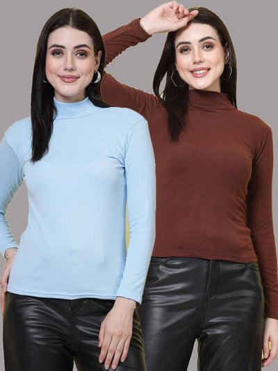 Women Sky Blue & Brown Solid High Neck Regular Top (Pack of 2)