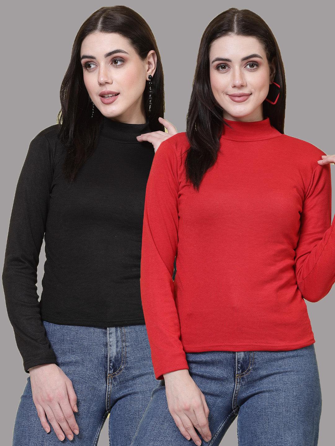 Women Black & Red Solid High Neck Regular Top (Pack of 2)