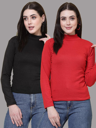 Women Black & Red Solid High Neck Regular Top (Pack of 2)