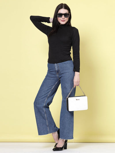 Black and red solid high neck regular tops with full sleeves, casual wear.