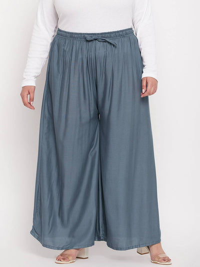 Grey solid rayon jumbo sharara with elasticated waistband and drawstring.