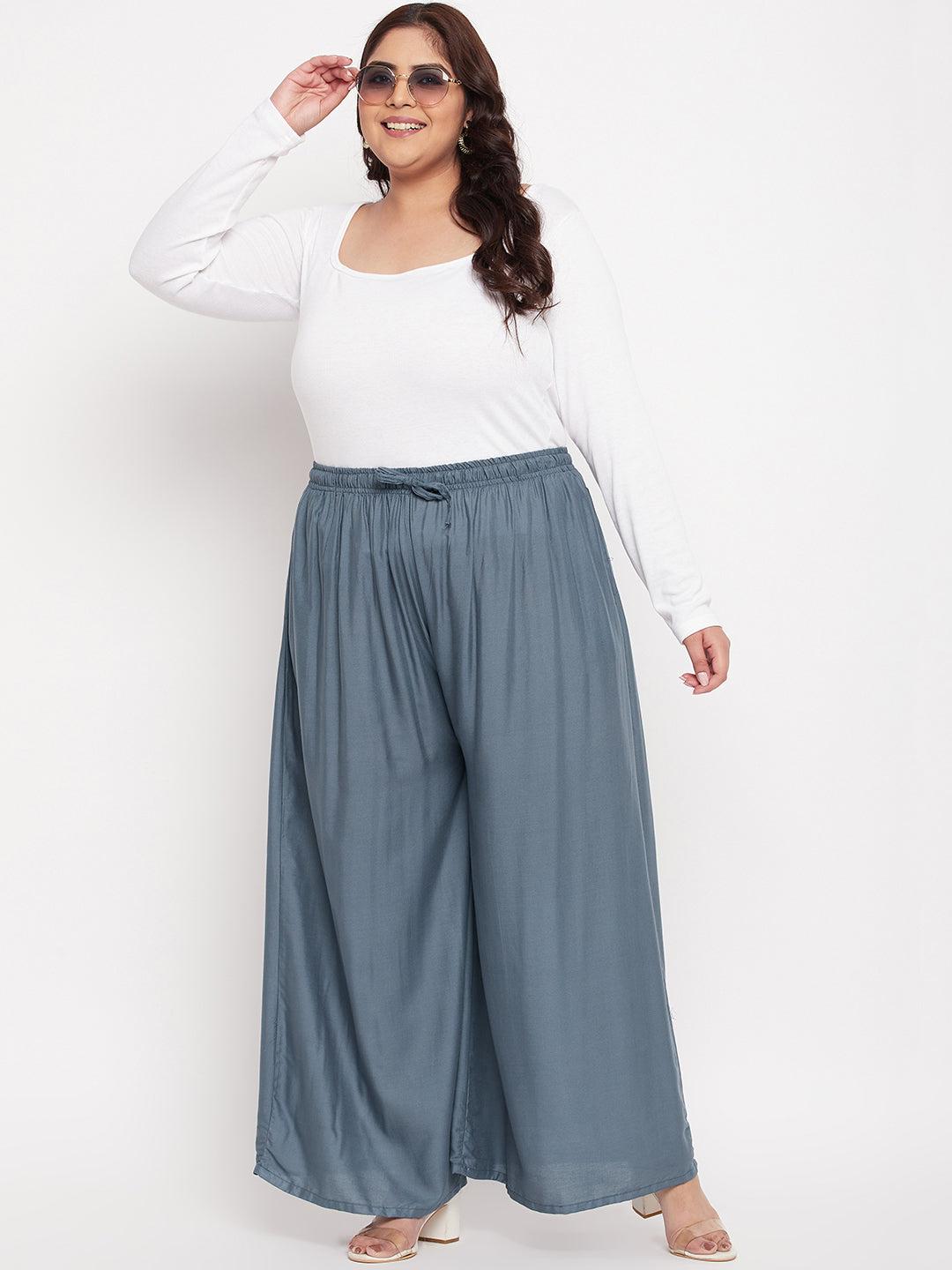 Grey solid rayon jumbo sharara with elasticated waistband and drawstring.