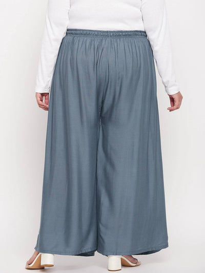 Grey solid rayon jumbo sharara with elastic waistband and drawstring.