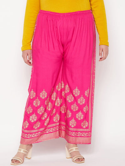 Magenta printed rayon palazzo with elasticated waistband and drawstring.