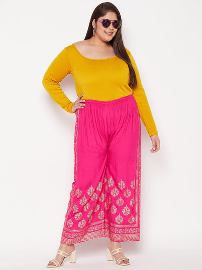 Magenta printed rayon palazzo with elastic waistband and drawstring.