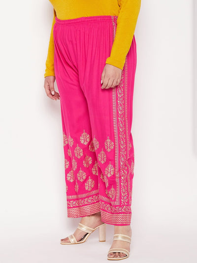 Magenta printed rayon palazzo with elastic waistband and drawstring.