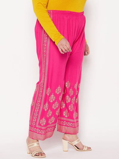 Magenta printed rayon palazzo with elasticated waistband and drawstring.