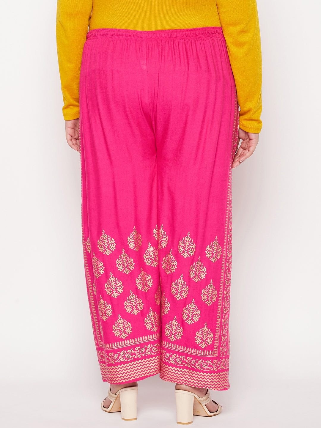 Magenta printed rayon palazzo with elastic waistband and drawstring.