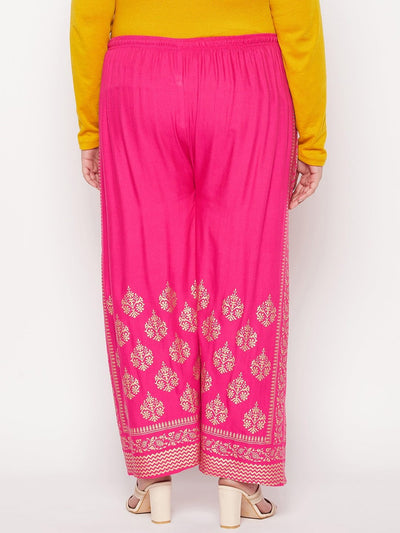 Magenta printed rayon palazzo with elastic waistband and drawstring.