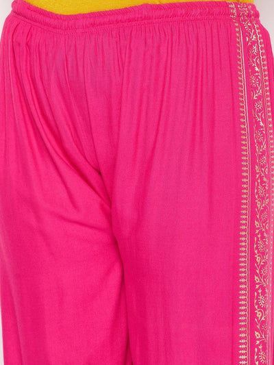 Magenta printed rayon palazzo with elasticated waistband and drawstring.
