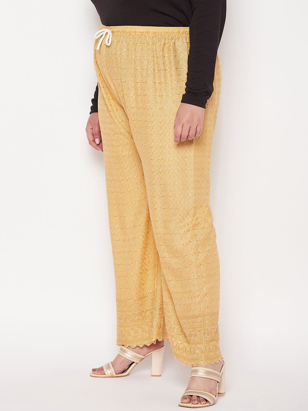 Fawn embroidered chikankari rayon palazzo with elastic waistband and drawstring.