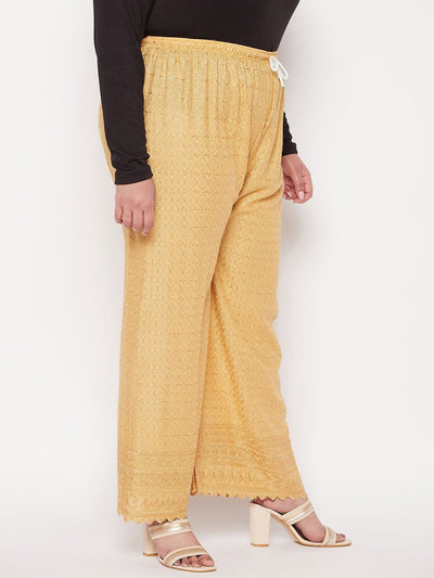 Fawn embroidered rayon palazzo with Chikankari design, elastic waistband, and drawstring.