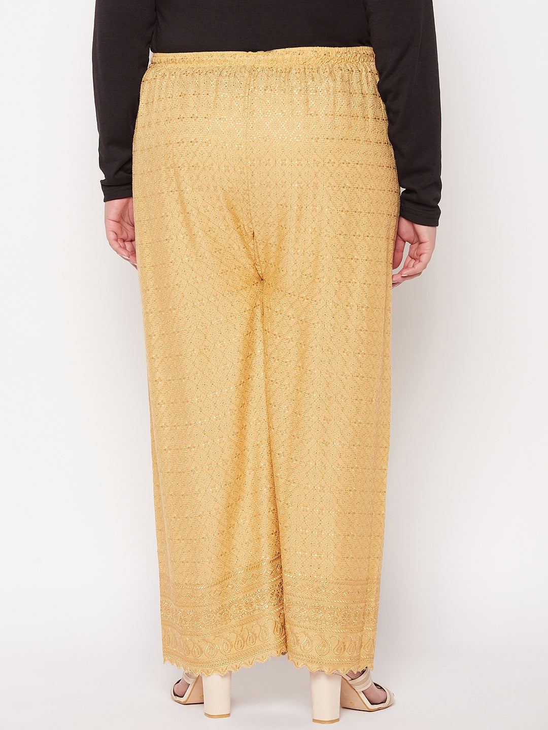Fawn embroidered Chikankari rayon palazzo with elasticated waistband and drawstring.