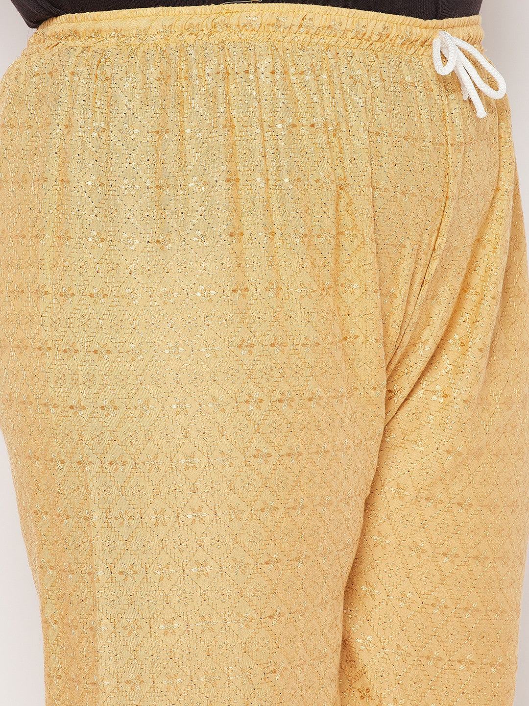 Fawn embroidered chikankari rayon palazzo with elasticated waistband and drawstring.