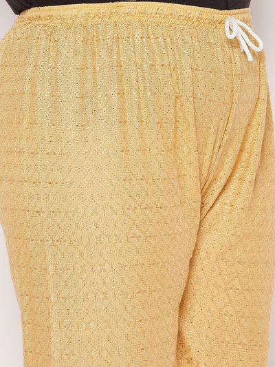 Fawn embroidered chikankari rayon palazzo with elasticated waistband and drawstring.