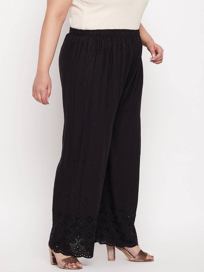 Black Embroidered Rayon Palazzo with Chikankari and elasticated waistband.