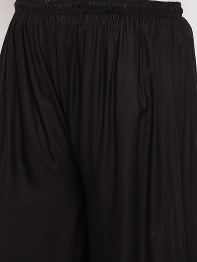Black Solid Rayon Palazzo with elasticated waistband and drawstring.