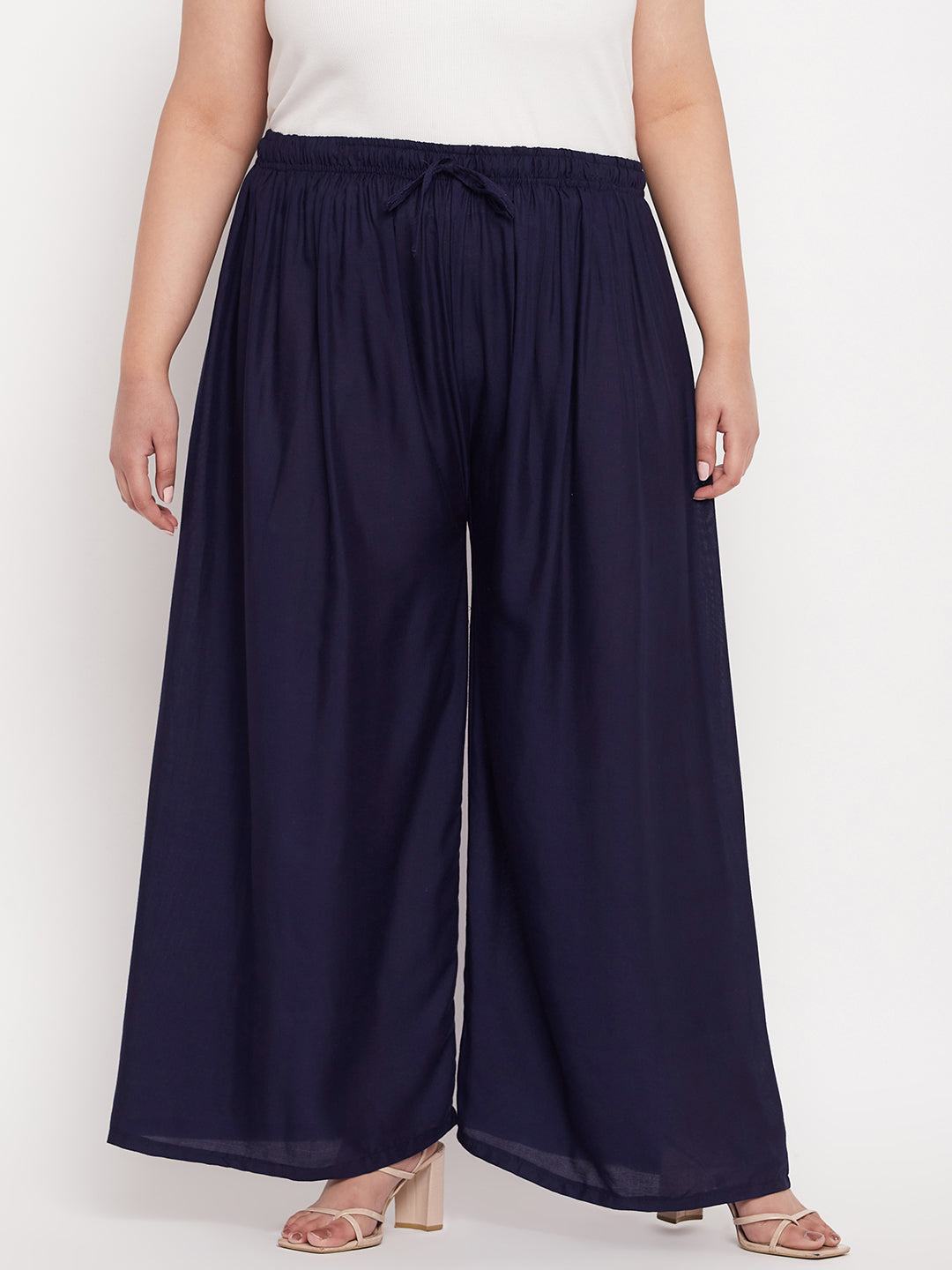 Navy Blue Solid Rayon Palazzo with elasticated waistband and drawstring.