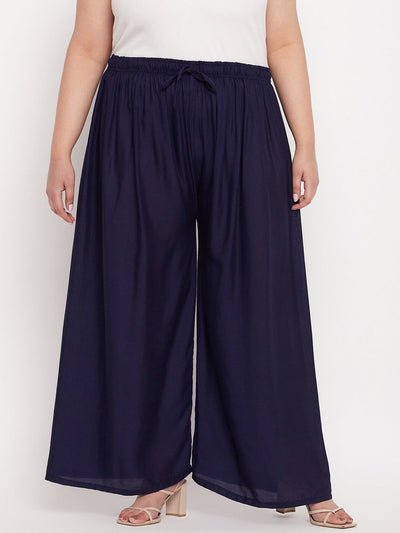 Navy Blue Solid Rayon Palazzo with elasticated waistband and drawstring.