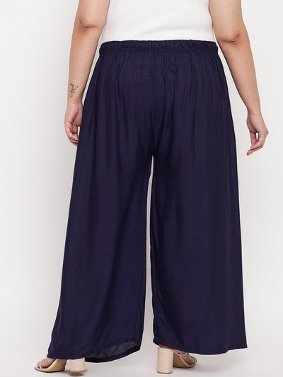 Navy Blue Solid Rayon Palazzo with elasticated waistband and drawstring.