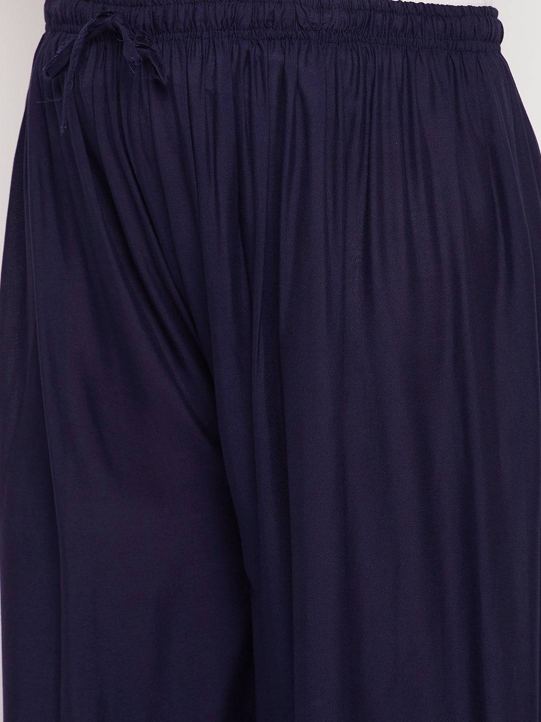 Navy Blue Solid Rayon Palazzo with elastic waistband and drawstring.