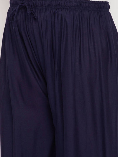 Navy Blue Solid Rayon Palazzo with elastic waistband and drawstring.