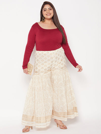 Off-White Printed Cotton Flared Gharara with Elasticated Waistband and Drawstring.