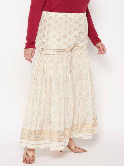 Off-White Printed Cotton Flared Gharara with elasticated waistband.