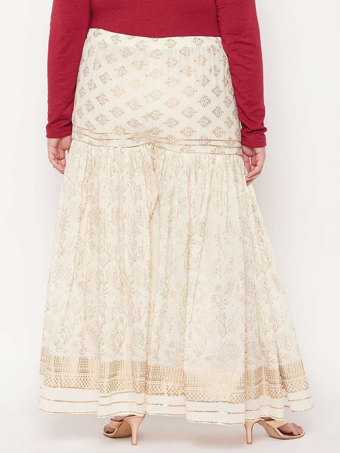 Off-White printed cotton flared gharara with elastic waistband and drawstring.