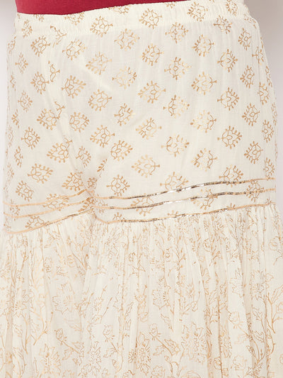 Off-White printed cotton flared gharara with elasticated waistband and drawstring.