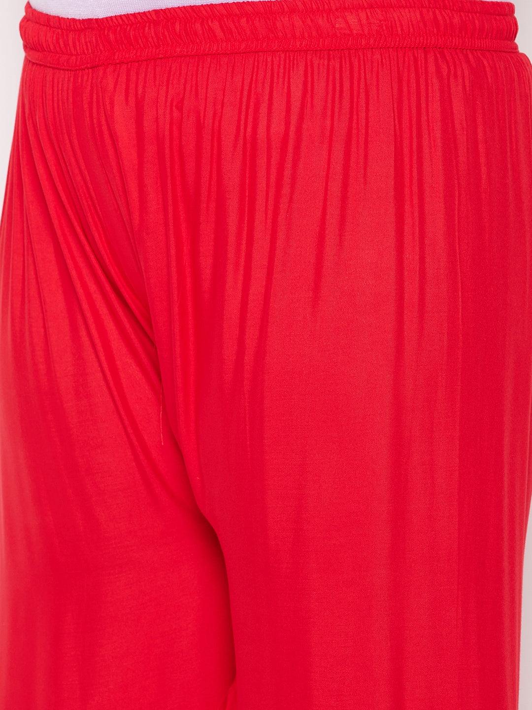 Red solid rayon flared gharara with elasticated waistband and drawstring.
