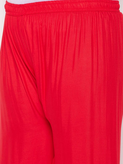 Red solid rayon flared gharara with elasticated waistband and drawstring.