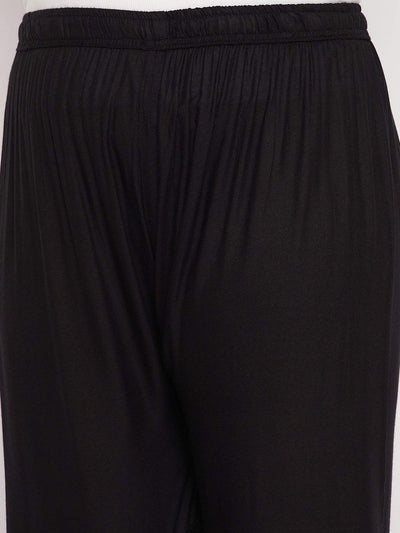 Black solid rayon flared gharara with elastic waistband and drawstring.