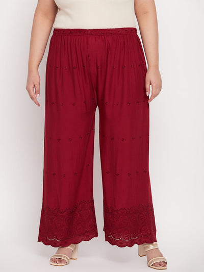 Maroon embroidered Chikankari rayon palazzo with elasticated waistband.
