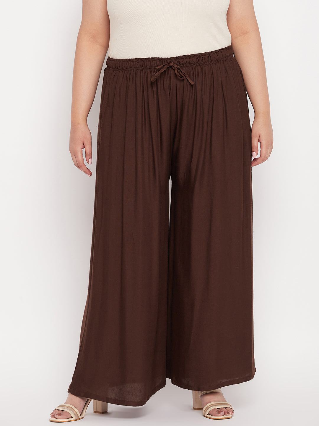 Coffee Solid Rayon Jumbo Sharara with elastic waistband and drawstring.