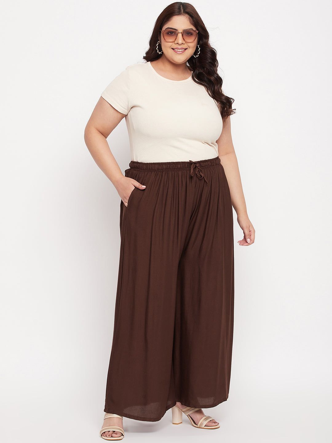 Coffee Solid Rayon Jumbo Sharara with elasticated waistband and drawstring.
