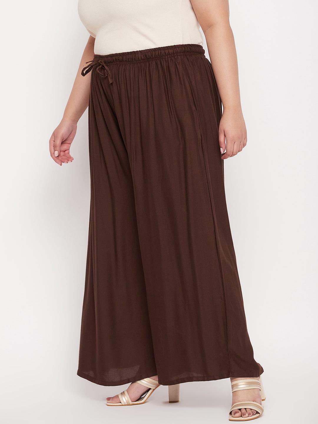 Coffee Solid Rayon Jumbo Sharara with elasticated waistband and drawstring.