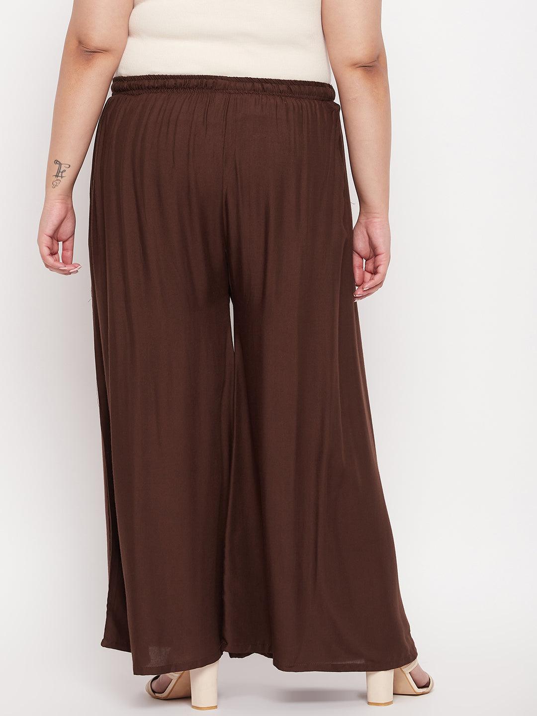 Coffee Solid Rayon Jumbo Sharara with elasticated waistband and drawstring.