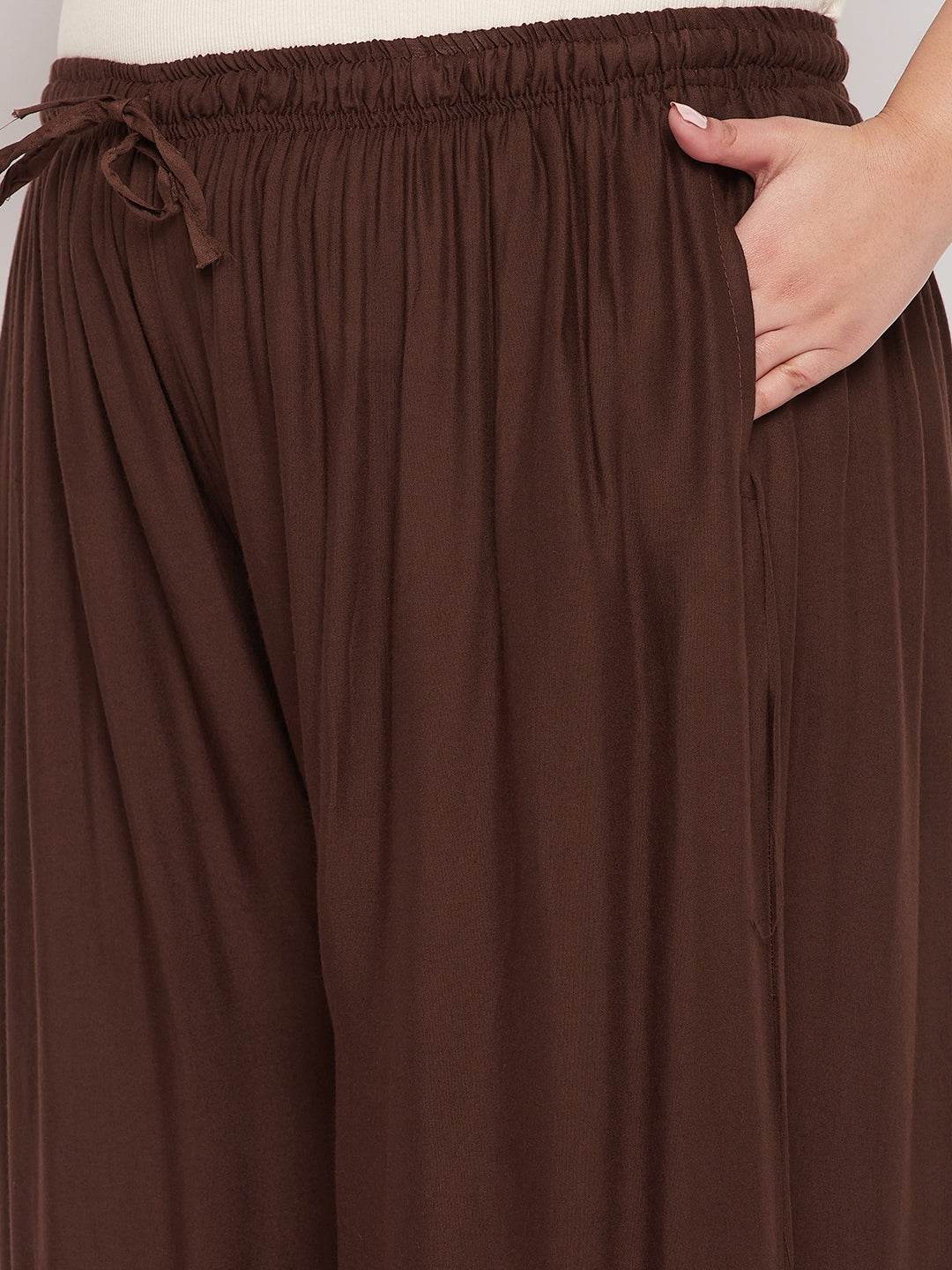 Coffee Solid Rayon Jumbo Sharara with elasticated drawstring waistband.
